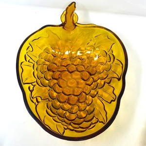 Vintage Large Amber Glass Fruit Bowl Grape Pattern‎ Yellow Golden